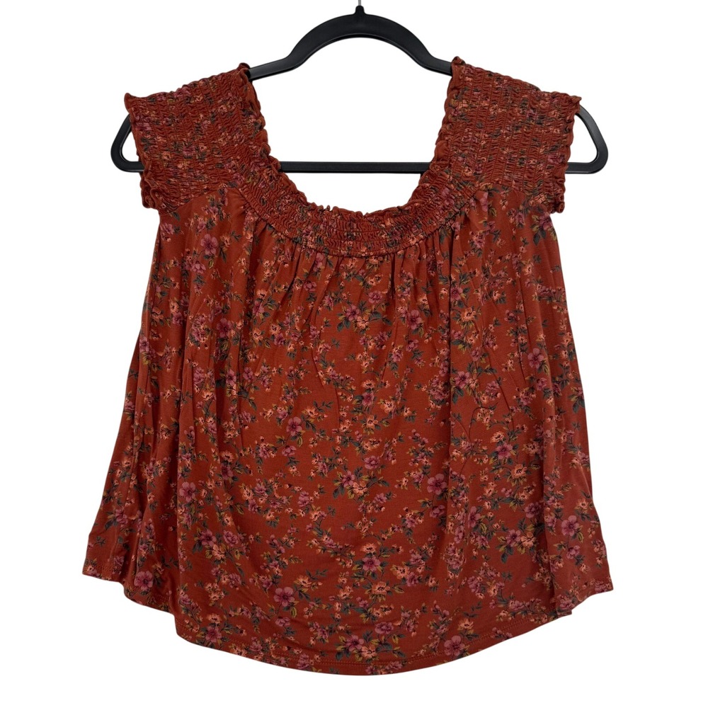 American Eagle Floral Blouse Women M Rust Orange Smocked Boho Cap Sleeve Top